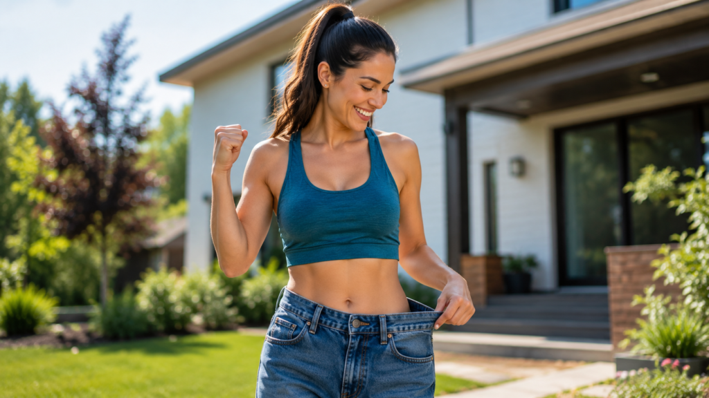 Person celebrating successful and sustainable weight loss. 