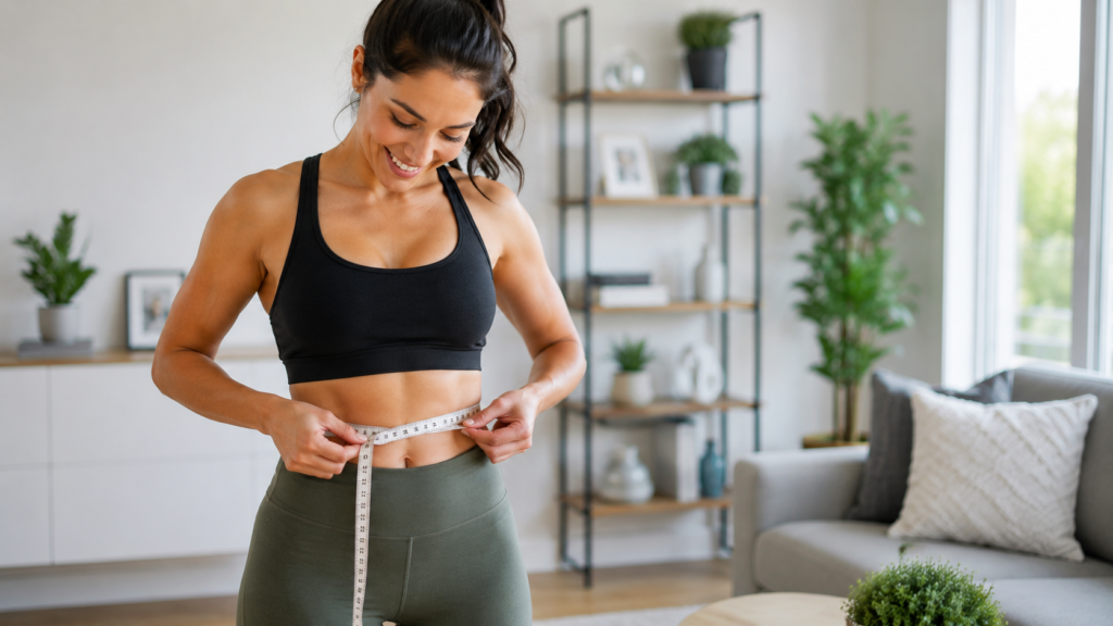 Person measuring their waist to track healthy weight loss progress. How long does it take to lose weight?