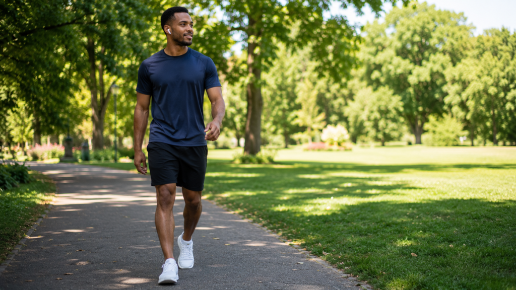 Beginner walking outdoors as part of a weekly exercise routine