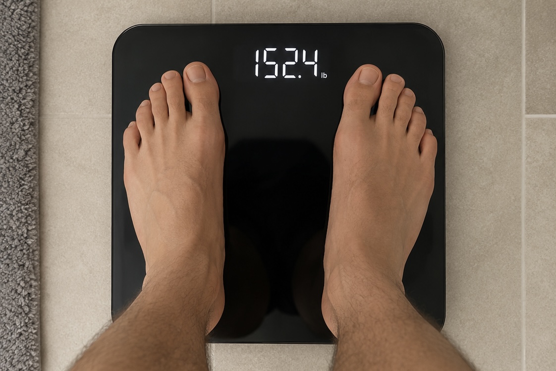 Person checking their weight at the start of a healthy weight loss journey.
