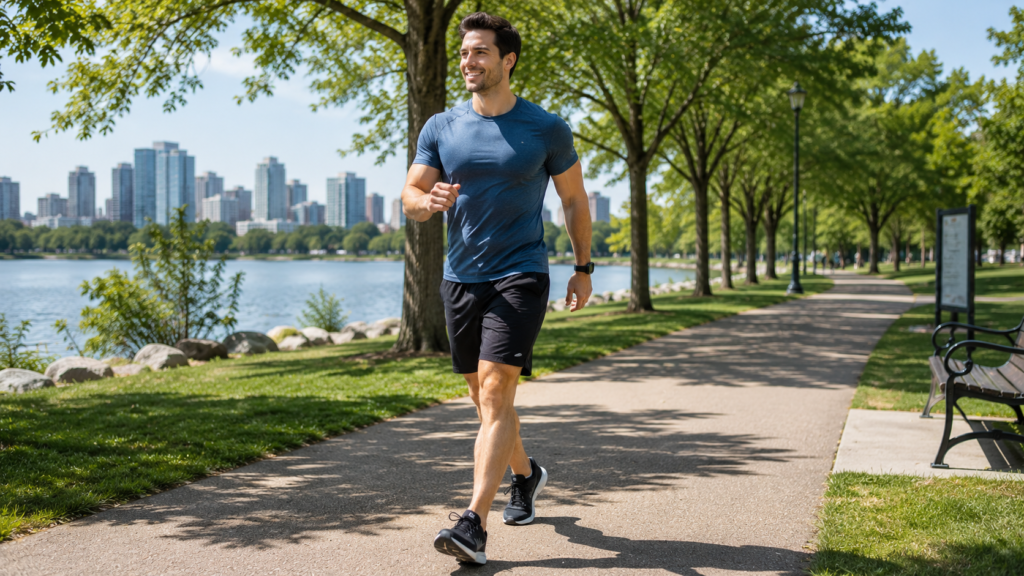Person walking outdoors as part of a healthy weight loss routine. 