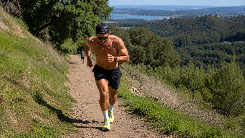 Runner increasing calories burned by running uphill. 
