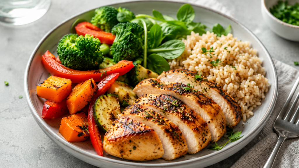 Balanced meal with lean protein and vegetables to support healthy weight loss. 