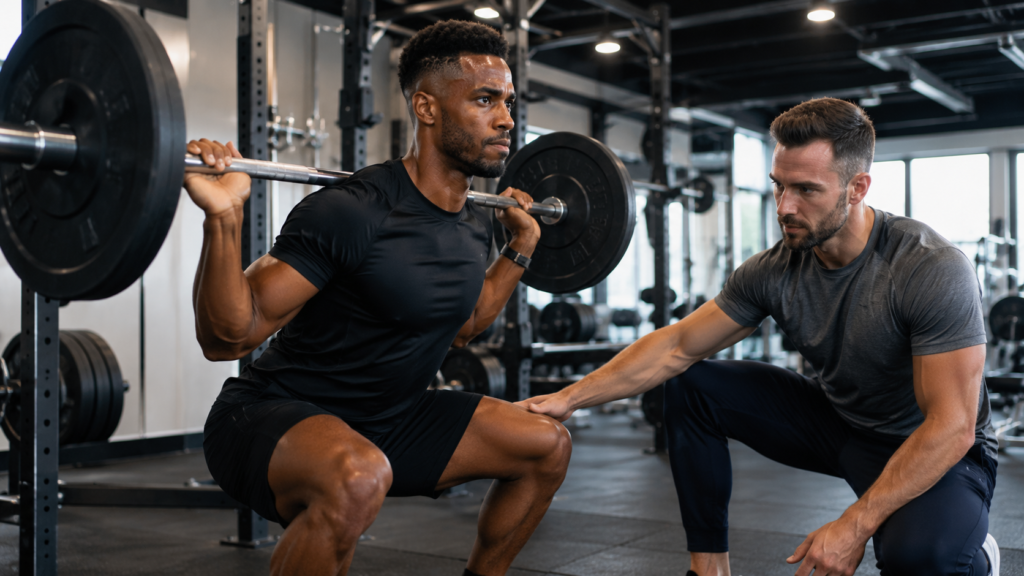 Adult strength training in a gym following exercise recommendations