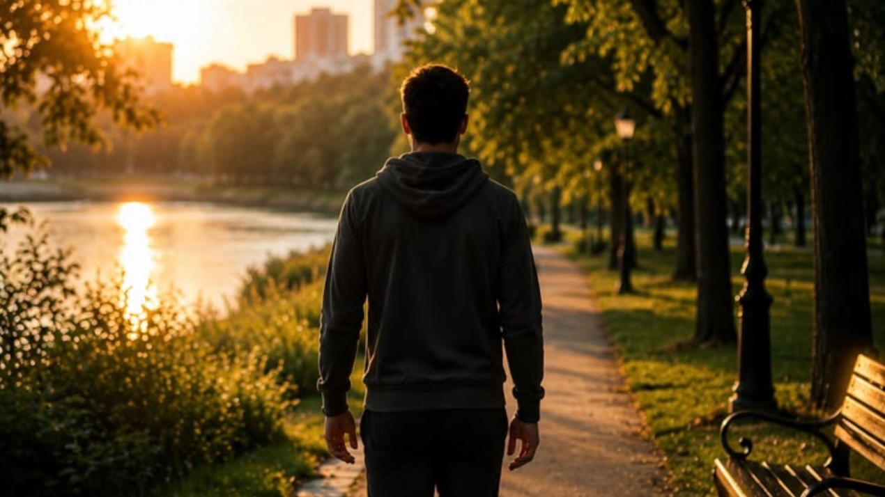 Person briskly walking in a park for cardiovascular exercise.